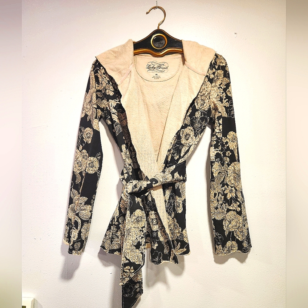 Lucky Brand Floral Black and Cream Wrap Cardigan